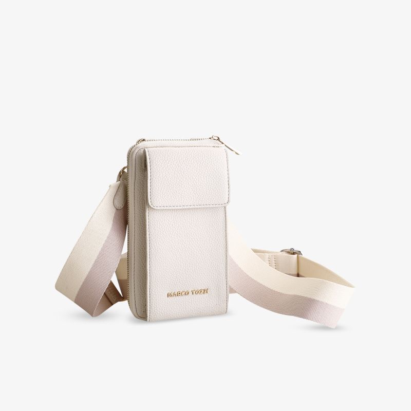 Elegante weiße Smartphone-Tasche mit verstellbarem Gurt, perfekte Kombination aus Stil und Funktionalität.