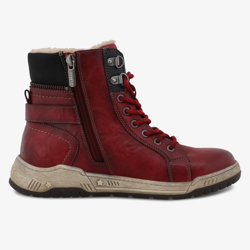 Roter robuster Stiefel mit warmem Innenfutter und seitlichem Reißverschluss, komfortabel für kühle Tage
