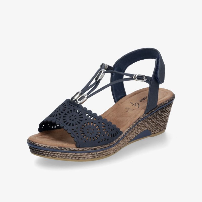 Elegante dunkelblaue Sandalette mit bequemem Keilabsatz, verstellbarem Riemen und dekorativem geschnitztem Muster