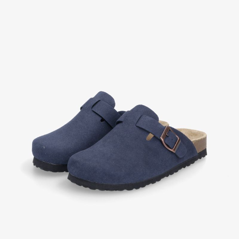 Blaues Paar Clogs mit verstellbarem Riemen und rutschfester Sohle für hohen Komfort und einfache Handhabung