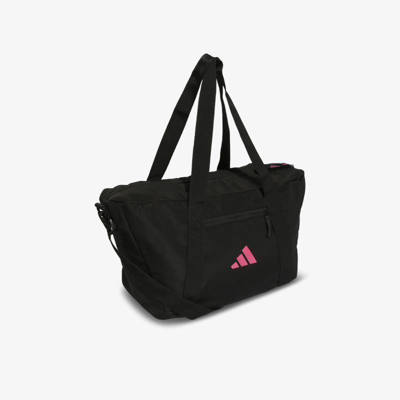 Geräumige schwarze Sporttasche mit verstellbaren Trageriemen und pinkem Logo-Print für vielseitige Nutzung