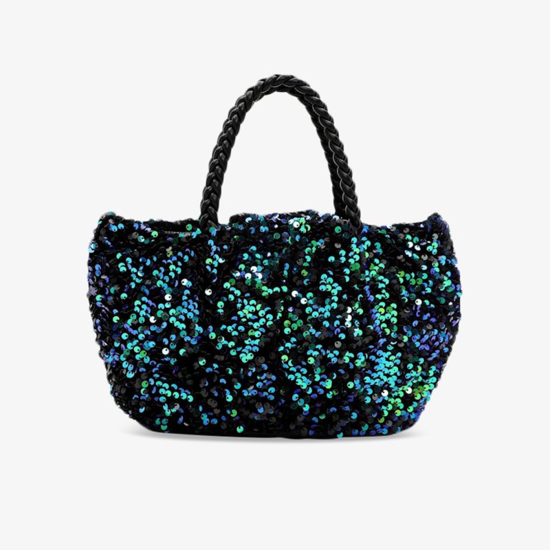 Elegante schwarze Handtasche mit schimmernden Pailletten und geflochtenem Griff in Frontansicht