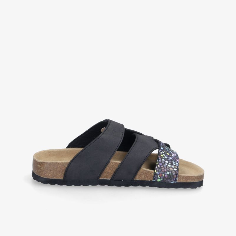 Bequeme schwarze Sandale mit Glitzerriemen und gepolsterter Sohle für angenehmen Tragekomfort