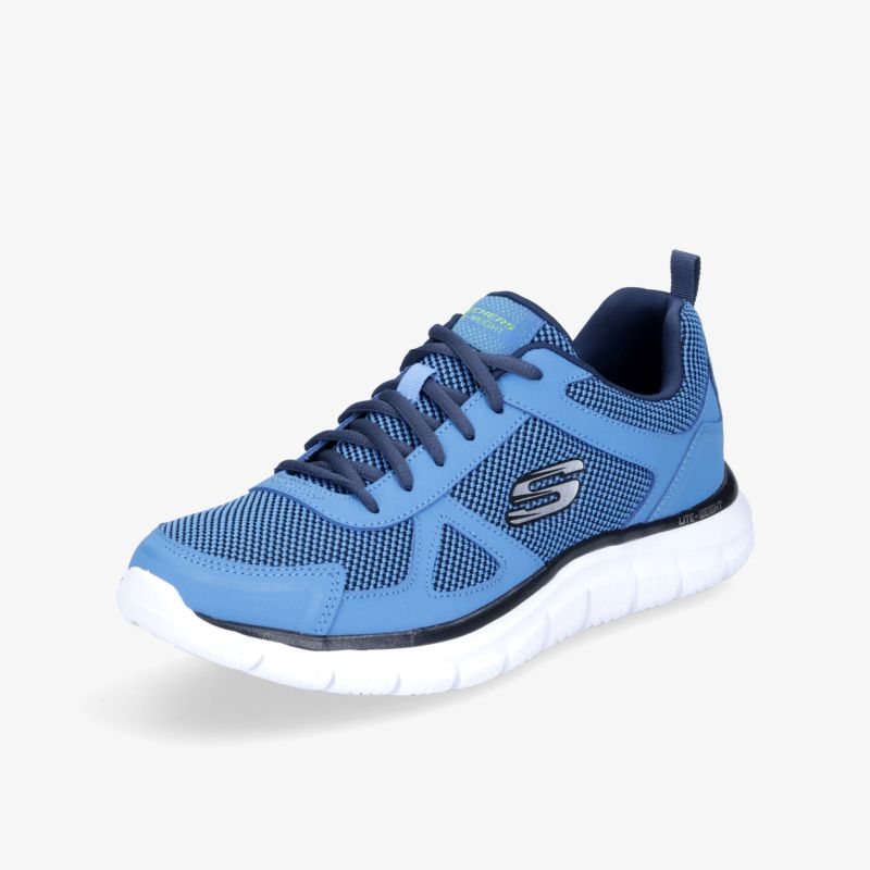 Leichter blauer Sportschuh mit atmungsaktivem Mesh-Obermaterial und flexiblem Sohlenprofil.