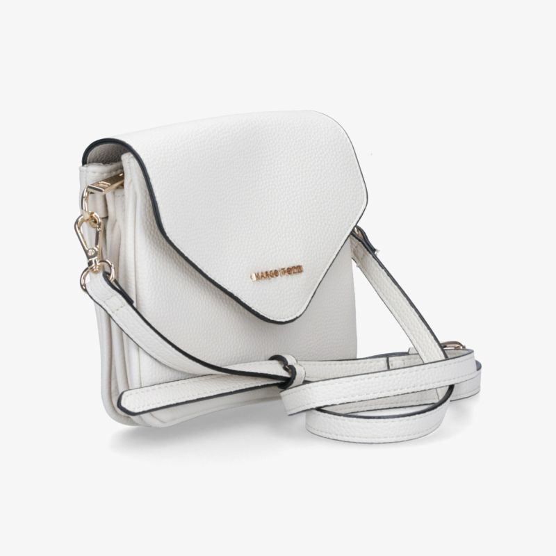 Weiße kompakte Leder-Umhängetasche mit verstellbarem Riemen und goldenen Applikationen elegant und modern gestaltet