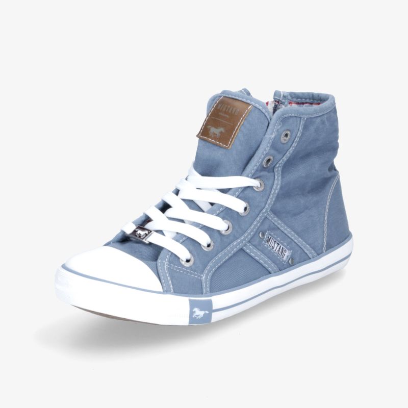 Stilvoller blauer High-Top-Sneaker aus Canvas mit weißen Schnürsenkeln und komfortabler Passform.