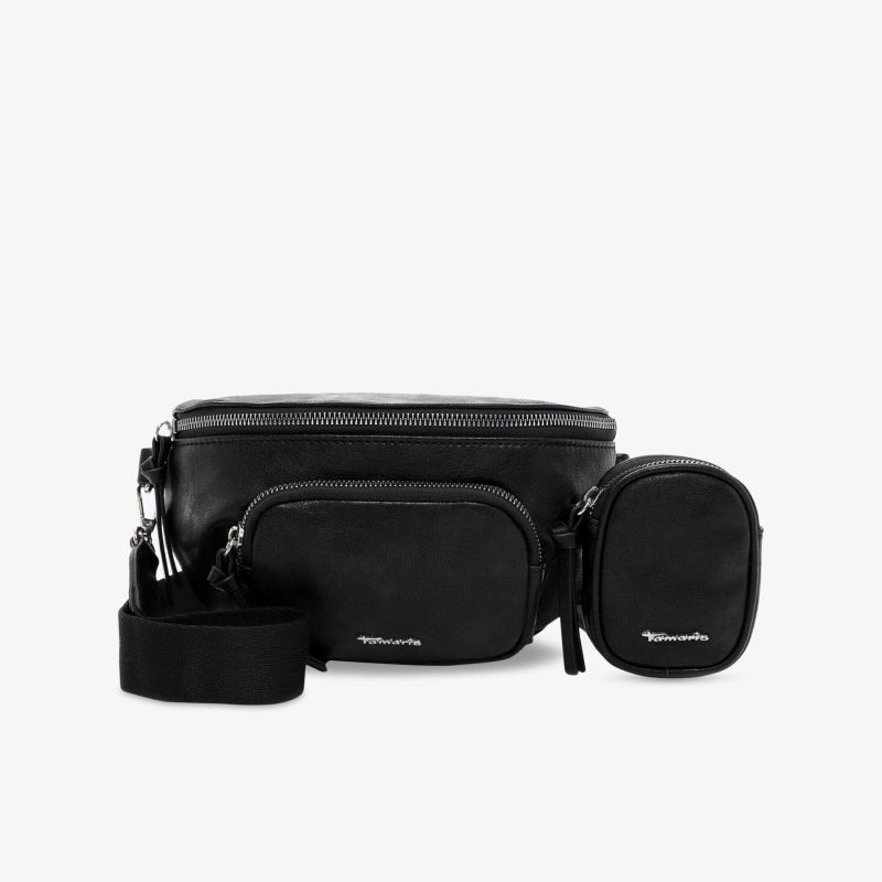 Schwarze Gürteltasche mit mehreren Fächern und verstellbarem Riemen. Praktisch und stilvoll für den Alltag.