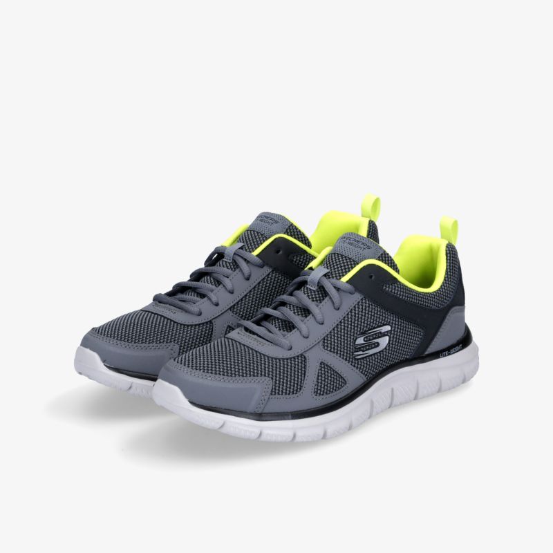 Graue sportliche Laufschuhe mit atmungsaktivem Mesh-Obermaterial und gepolsterter Sohle für hohen Tragekomfort.