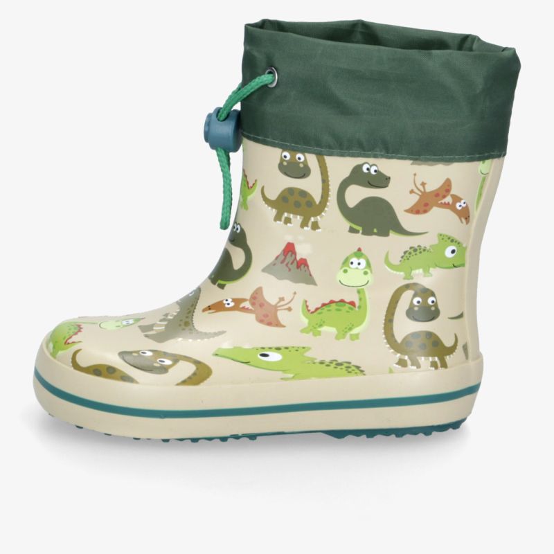 Bequemer und rutschfester Kinder-Gummistiefel mit bunten Dinosaurier-Motiven, verstellbarem Verschluss und robuster Sohle