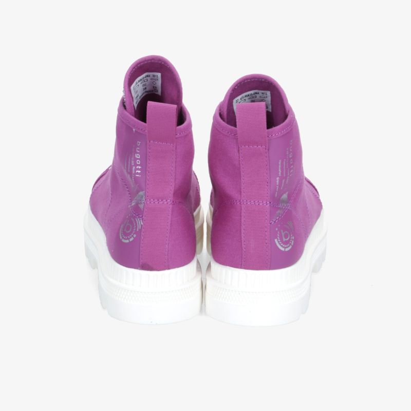 Violette High-Top-Sneaker mit weißer Sohle und praktischem Schlaufenverschluss hinten.