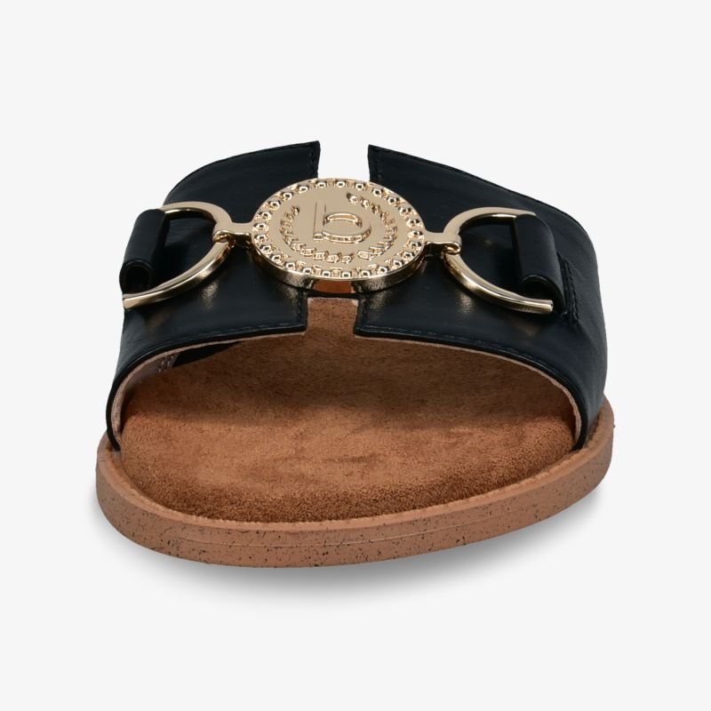 Schwarze Pantolette mit weicher Sohle und eleganter goldfarbener Metallverzierung, komfortabel und modisch