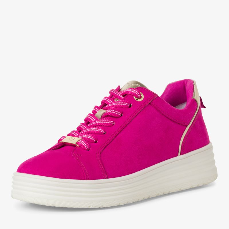 Vibranter pinker Sneaker mit dämpfender, weißer Sohle und bequemen Schnürsenkeln in moderner 3/4-Ansicht
