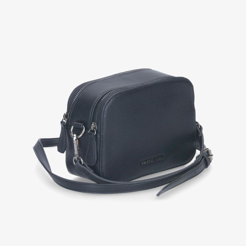 Schwarze kompakte Ledertasche mit praktischem Reißverschlussfach und verstellbarem Trageriemen für vielseitigen Einsatz