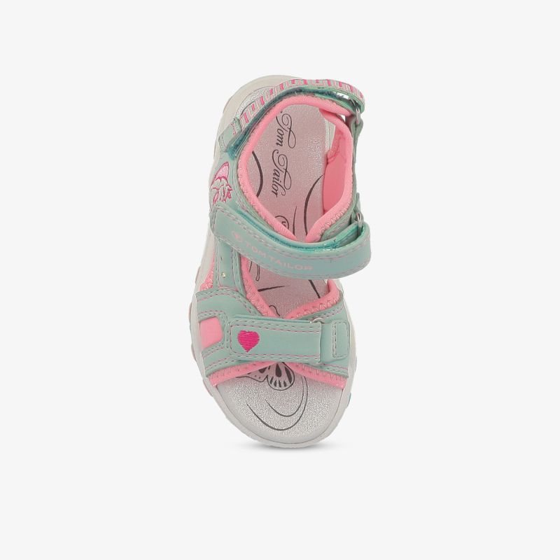 Diese stylische Sandalette in Grün und Pink bietet Komfort und sicheren Halt dank verstellbarer Riemen und rutschfester Sohle.