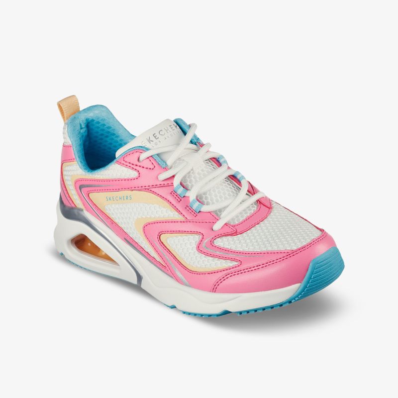 Pink-weißer Sneaker mit blauen und orangen Akzenten, bequem und sportlich im Design.