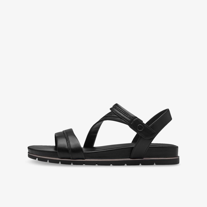 Sportliche schwarze Sandale mit verstellbarem Riemen, rutschfester Sohle und bequemer Passform, seitliche Ansicht.