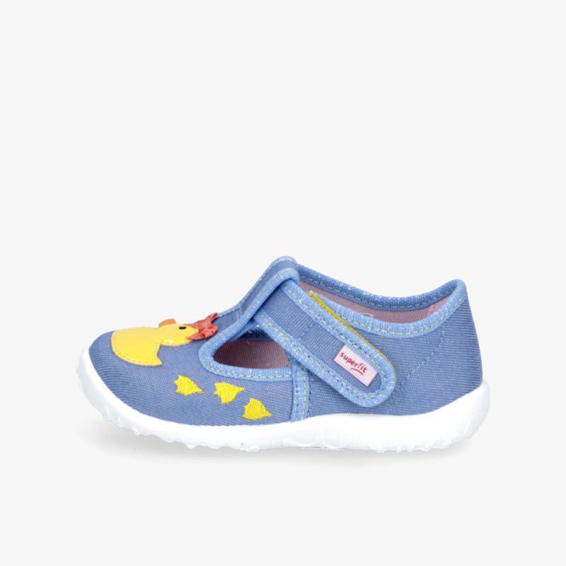 Blauer Kinderhausschuh mit kleinem Entenküken-Motiv, weiche flexible Sohle und praktischer Klettverschluss