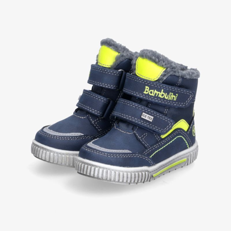 Blaue Winterstiefel mit warmem Futter und Klettverschluss, ideal für kalte Tage