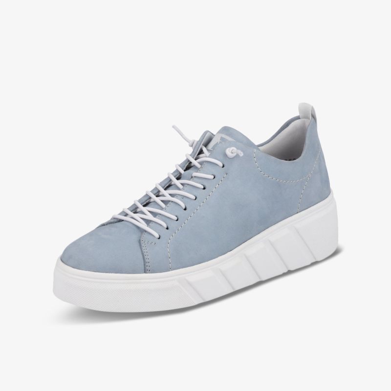 Modischer blauer Sneaker mit weißer Sohle und eleganter Schnürung für stilvollen Komfort im Alltag.
