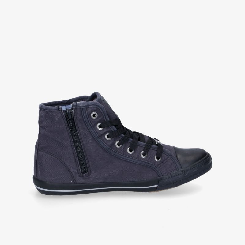 Stylische High-Top Sneaker in Dunkelblau mit praktischem Reißverschluss und Schnürung für optimalen Tragekomfort.
