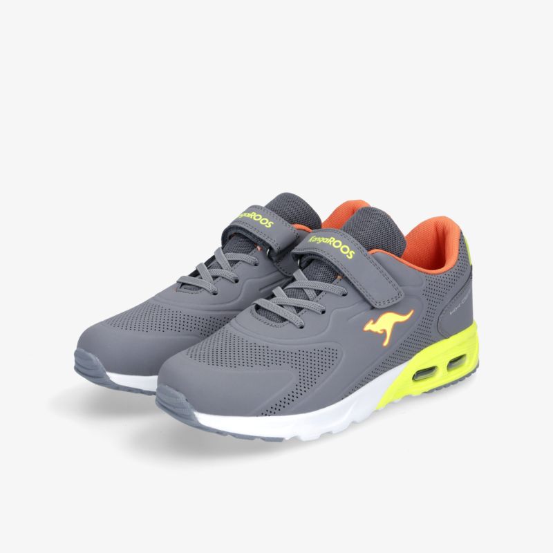 Graue Sneaker mit neonfarbenen Akzenten und Klettverschluss, ideal für sportliche Aktivitäten und hohen Komfort.