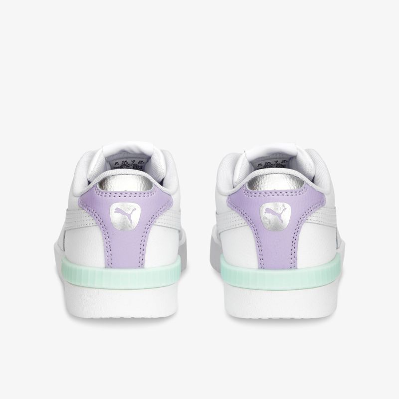 Weiße Sneaker mit lila und mintfarbenen Akzenten, stilvoll und komfortabel. Perfekt für jeden Anlass.