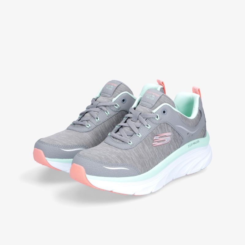 Graue Turnschuhe mit dicker Sohle und Akzenten in Pastellfarben, komfortabel für den Alltag.