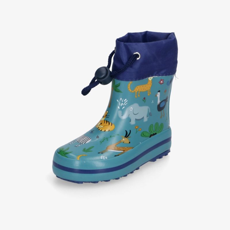 Blauer Gummistiefel mit bunten Tiermotiven, wasserdicht und rutschfest für trockene und sichere Schritte bei Regen