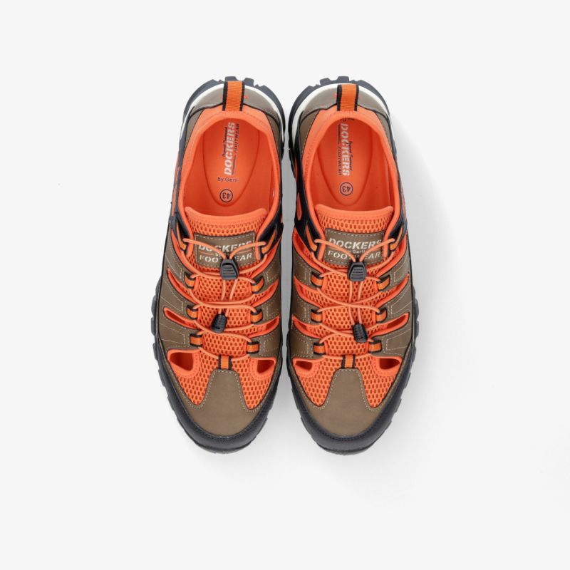 Atmungsaktive Wanderschuhe in Orange und Braun mit rutschfester Sohle und sportlichem Design.