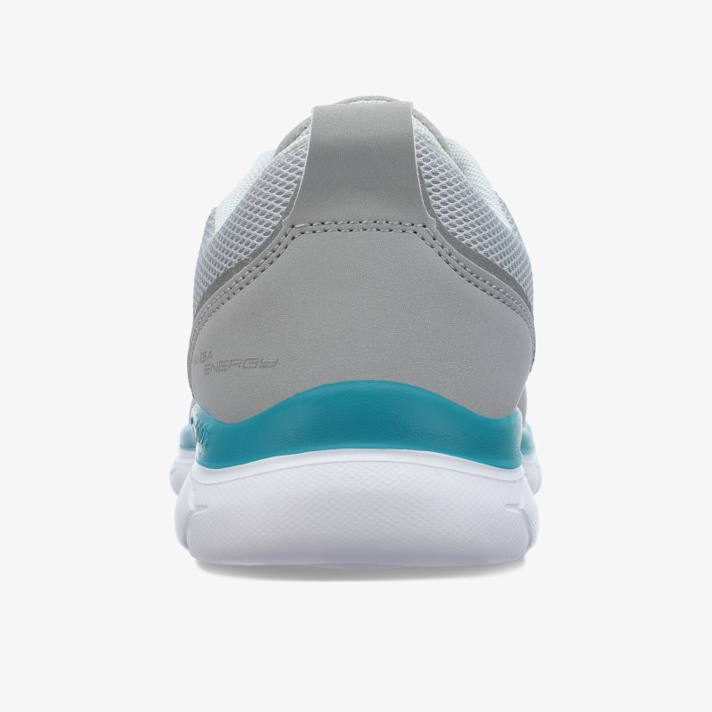 Grauer Sneaker mit weißer Sohle und türkisfarbenem Akzent. Perfekt für bequemen und modischen Alltag.