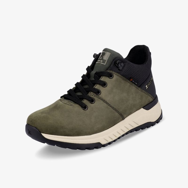 Vielseitiger Schuh in Olivgrün mit schwarzem Detail, ideal für Outdoor-Aktivitäten und täglichen Komfort.
