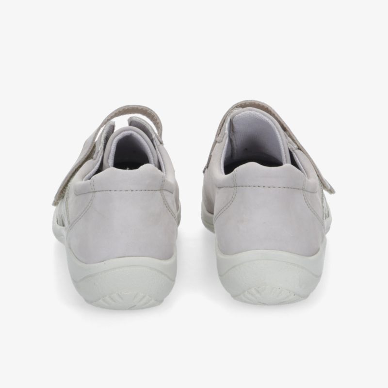 Graue Halbschuhe im Paar von hinten mit rutschfester flacher Sohle und robustem Material
