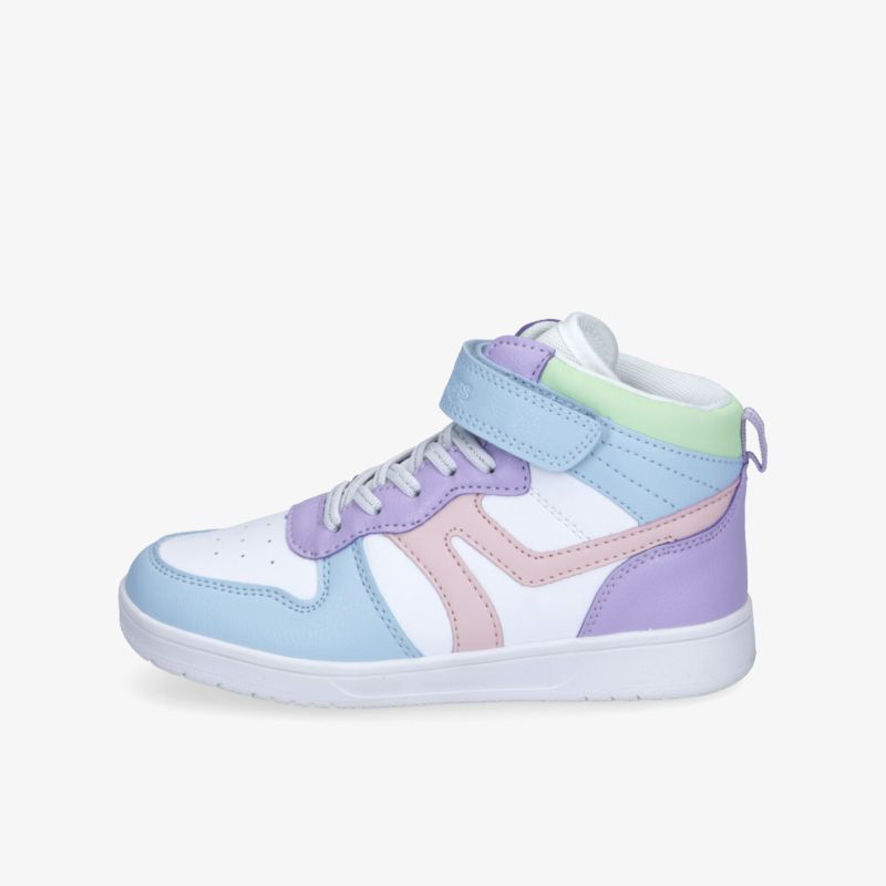 Seitenansicht eines pastellfarbenen, bequemen und stabilen Hochschnitt-Sneakers mit sicherem Klettverschluss