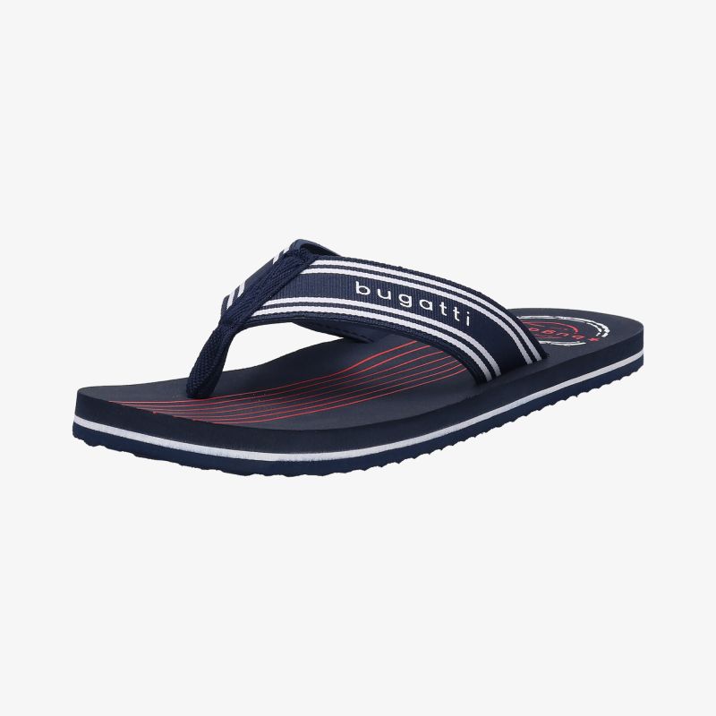 Blaue Flip-Flops von Bugatti mit rutschfester Sohle und stilvollen Streifen, ideal für den Strand und warme Tage.
