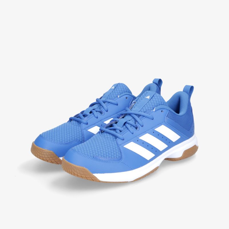 Blaue Adidas Sportschuhe mit weißen Streifen, ideal für Fitness und aktiven Lifestyle, Komfort und Stil kombiniert.