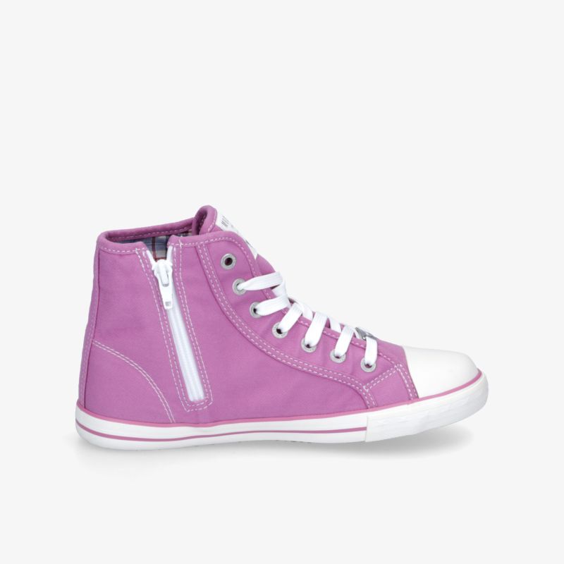 Lila High-Top Schuh mit weißer Sohle, Schnürung und praktischem Reißverschluss, sportlich und bequem