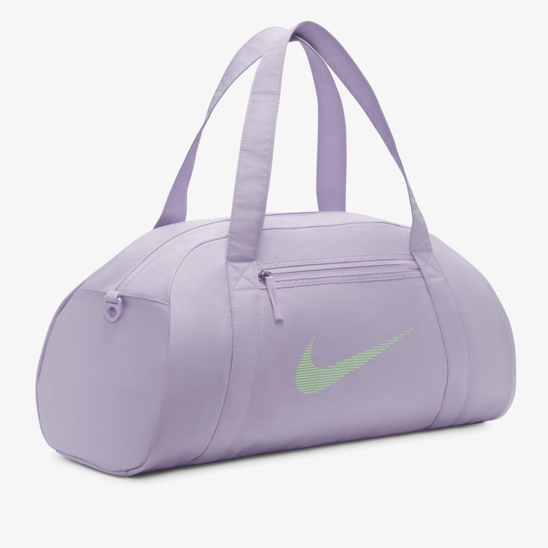 Lila Sporttasche mit grünem Nike-Logo, robuster Reißverschluss und praktische Tragehenkel, kompakt und funktional
