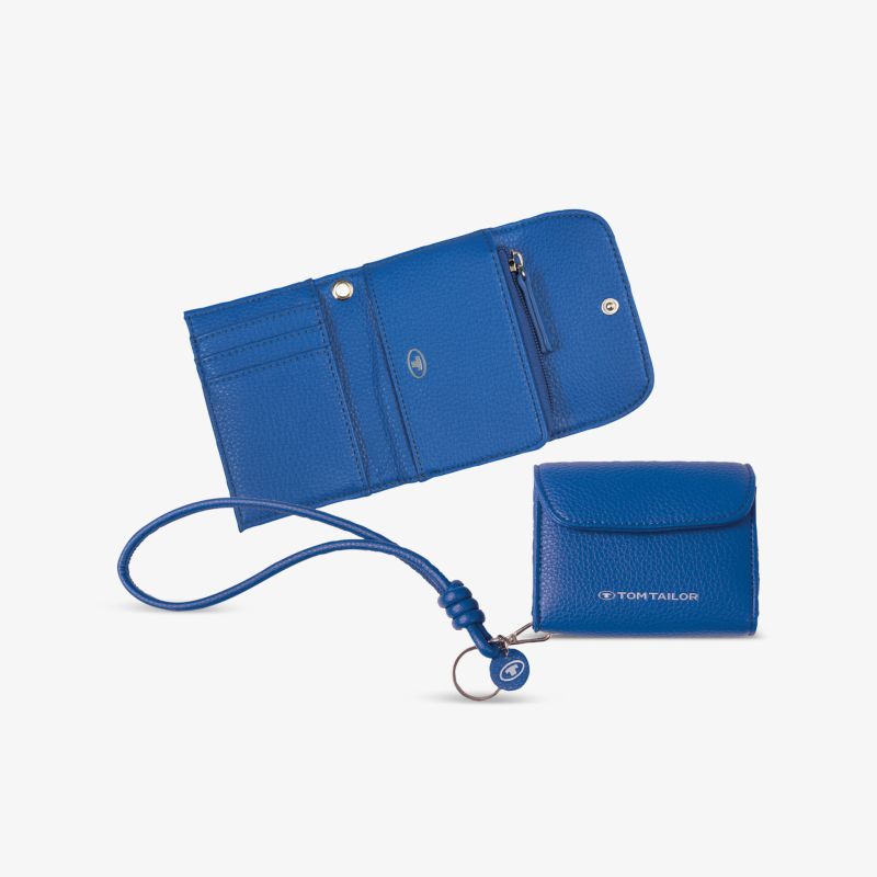 Blaue, stilvolle Leder-Geldbörse mit minimalistischem Design und praktischen Fächern für Karten und Bargeld.