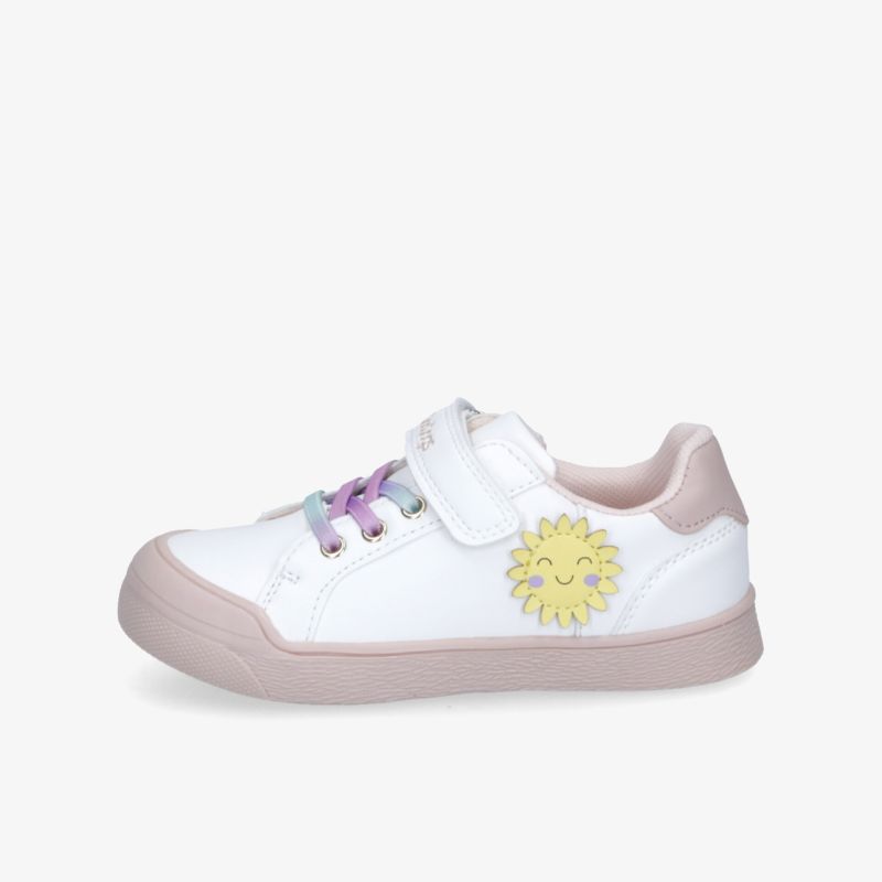 Weißer Sneaker mit rosa Details und Klettverschluss, bequeme, flexible Passform mit Blumendekor an der Seite