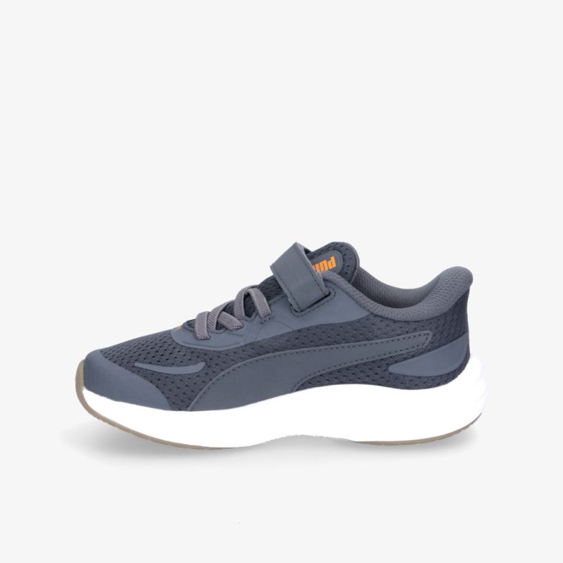 Moderner blauer Sportschuh mit weißer Sohle, atmungsaktiv und leicht, seitliche Ansicht, praktische Klettverschluss