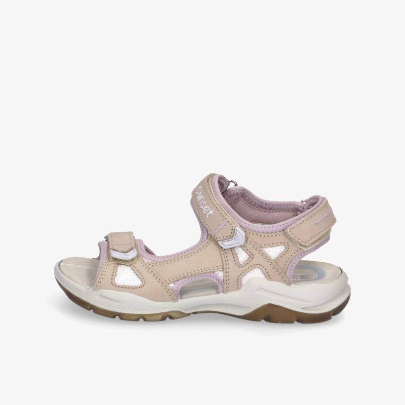 Bequeme beige Outdoor-Sandale mit verstellbaren Klettverschlüssen und robuster flexibler Laufsohle seitlich