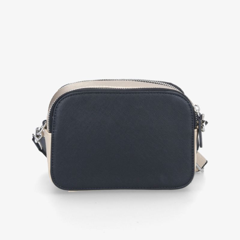 Schwarze kompakte Umhängetasche mit beigen Details und verstellbarem Schultergurt, vorne klar sichtbar