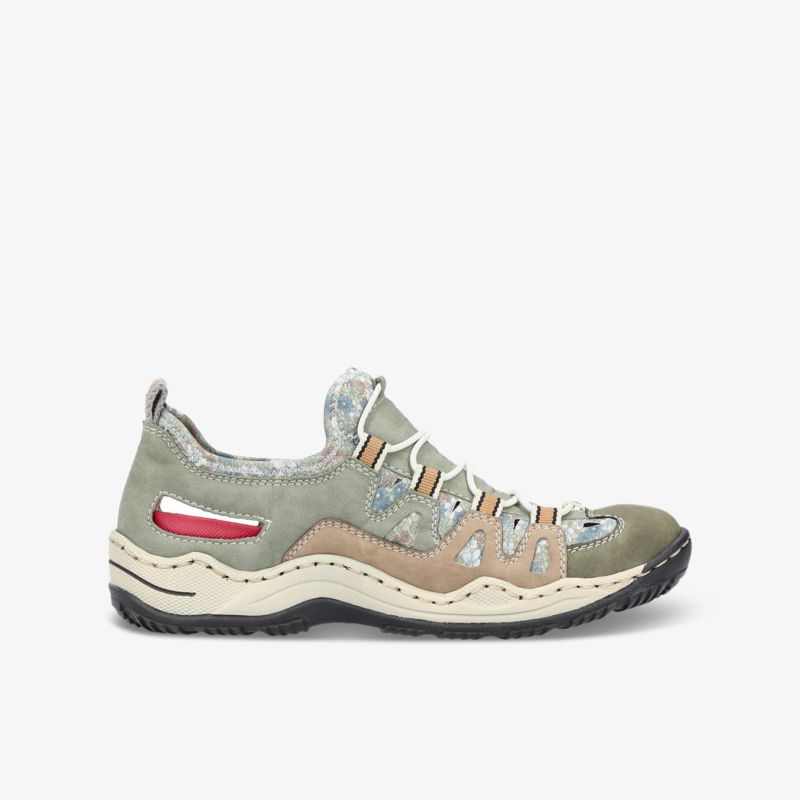 Stylischer, robuster Schuh in Erdtönen mit einzigartigem Schnürsystem und gepolsterter Sohle für optimalen Komfort.