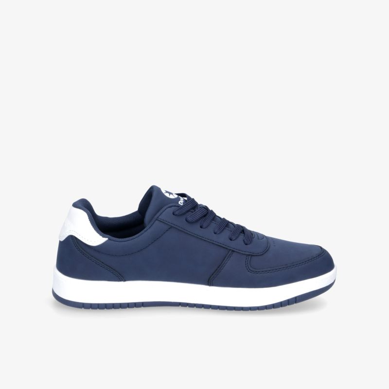 Moderner blauer Sneaker mit weißen Akzenten und eleganter Silhouette für vielseitige modische Ansprüche.