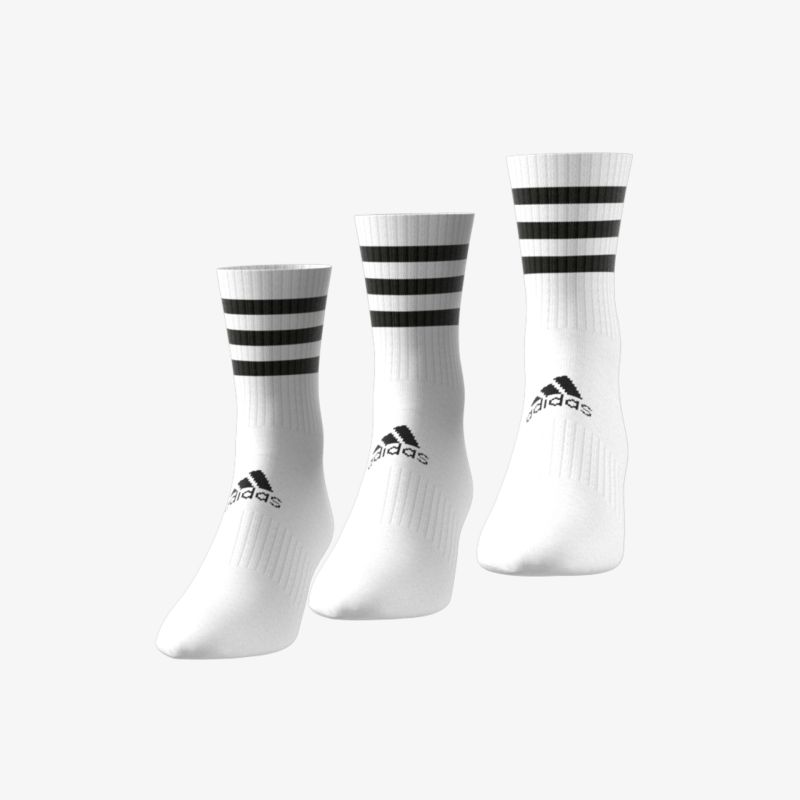 Bequeme weiße Sportsocken mit ikonischen schwarzen Streifen und Logo, ideal für Sport und Freizeit.