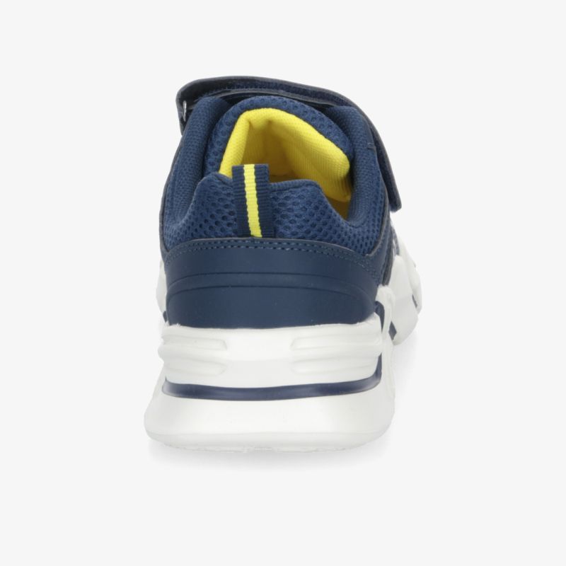 Sportlicher Schuh in Blau mit Gelb und Weiß, rutschfeste Sohle und bequeme Passform, Rückansicht
