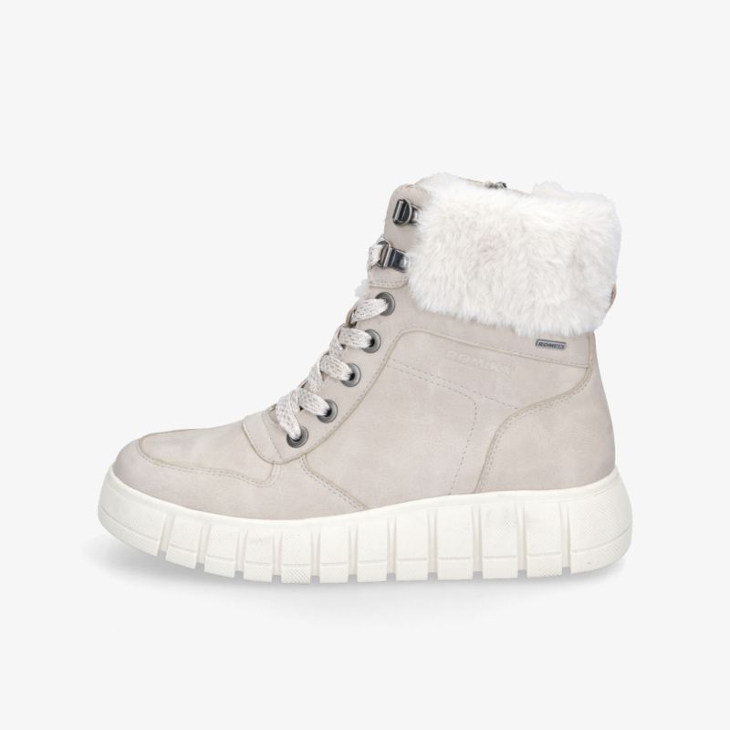 seitlich sichtbarer hellgrauer Winterstiefel mit dicker weißer Fellmanschette und profilierter Sohle für Komfort