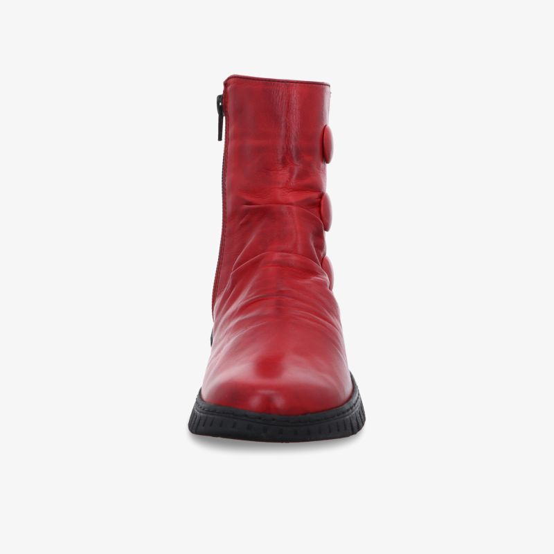 Rote viertelhohe Boots mit glattem Leder und robustem schwarzen Absatz in klarer Frontansicht