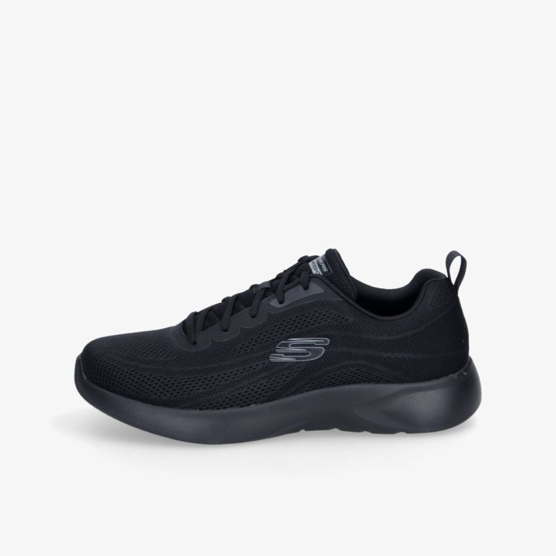 Schwarzer Sport-Schuh in klarer Seitenansicht, leicht und bequem mit flexibler und rutschfester Sohle