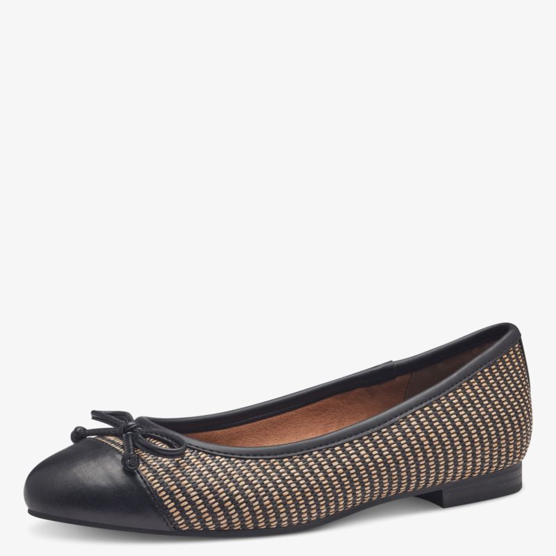 Eleganter Ballerina mit flacher Sohle und weich gepolstertem Innenfutter, gewebtes Material und dekorativer Schleife vorne
